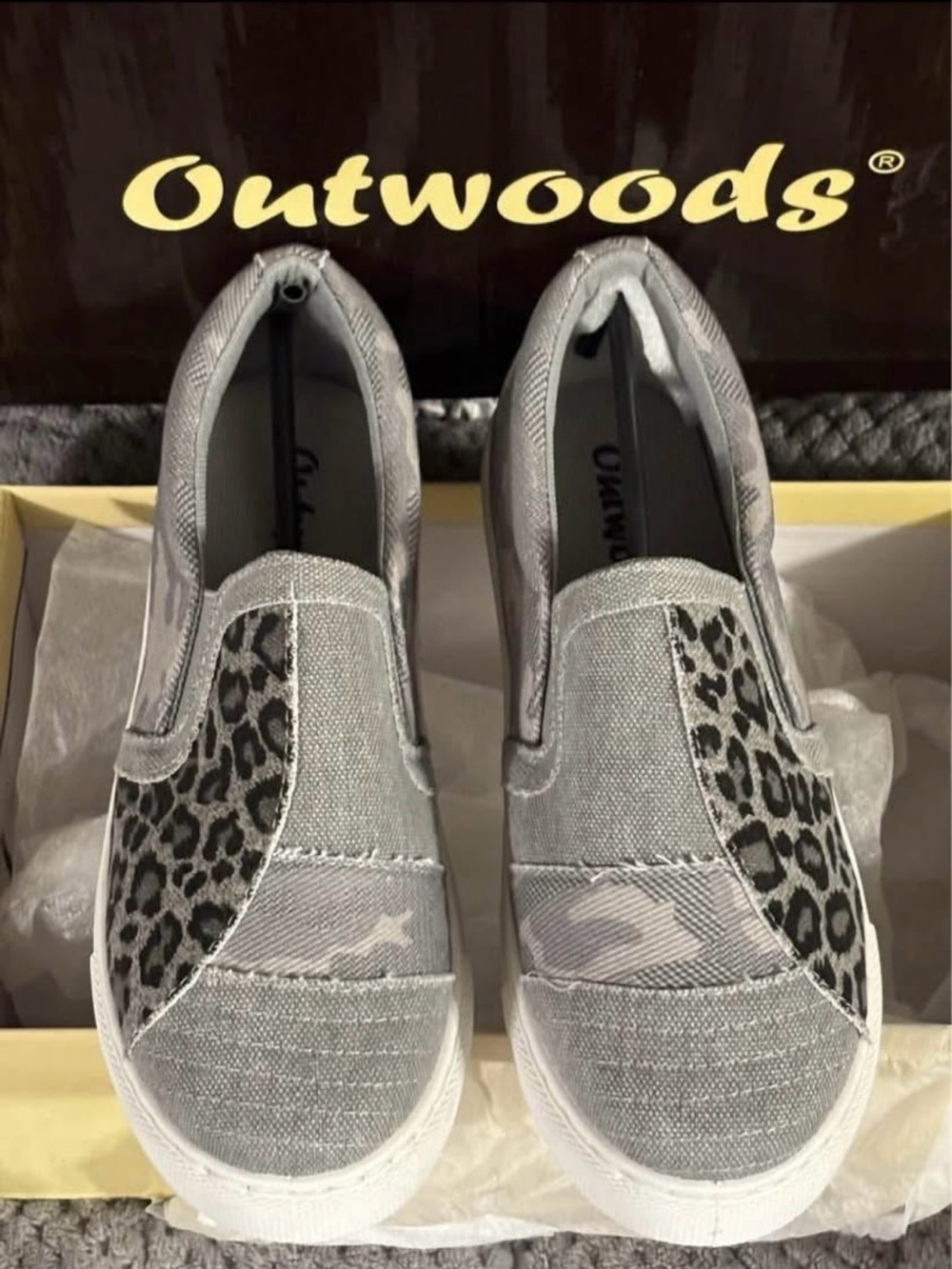 NIB Outwoods Gray CAMO Print • Slip-On Shoes with Leopard Panels